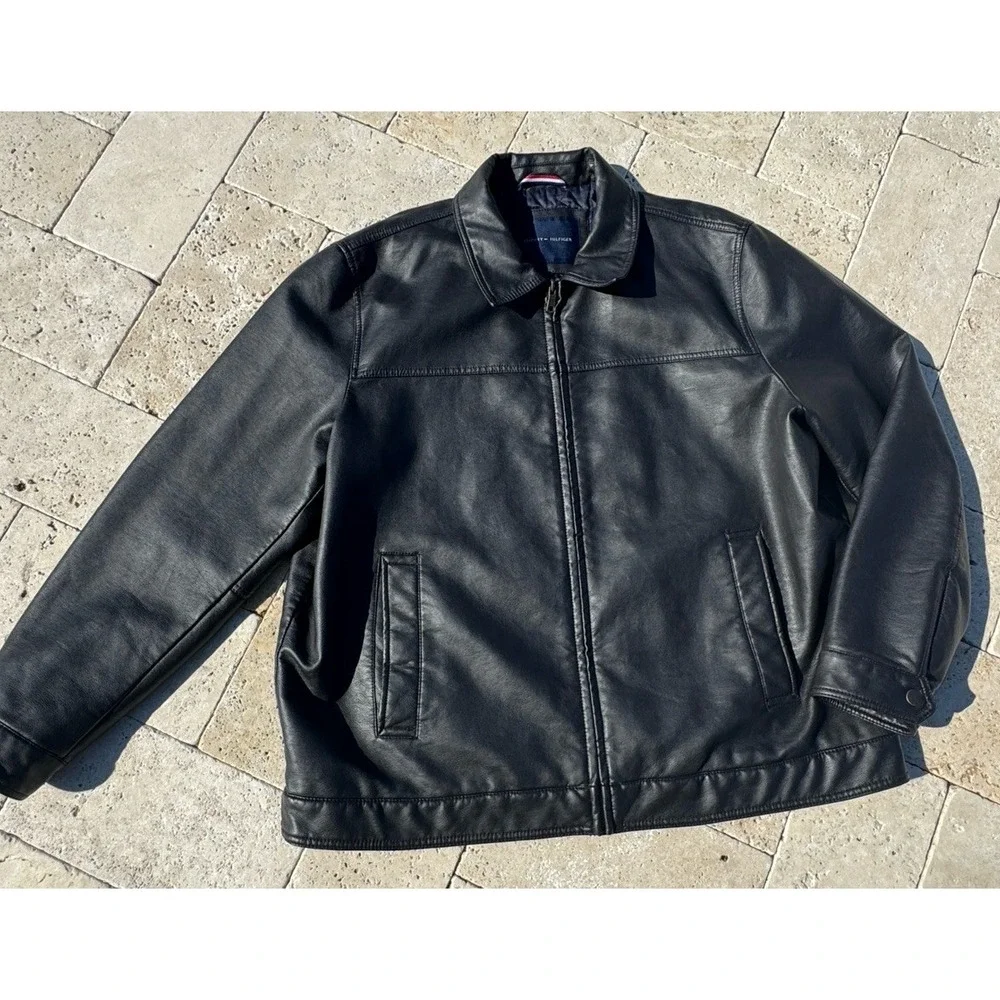 MEN'S TOMMY HILFIGER DARK BROWN FAUX LEATHER BOMBER WINTER JACKET‎ XL